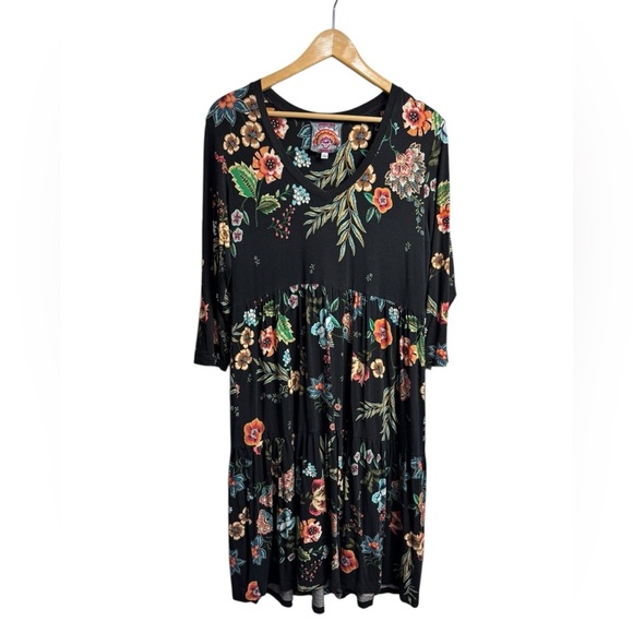 Johnny Was Bamboo Dress Small Ardell 3/4 Sleeve Tiered Black Floral Large - Picture 1 of 8